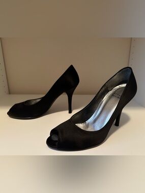 Stuart Weitzman Satin Black Peep Toe Heels